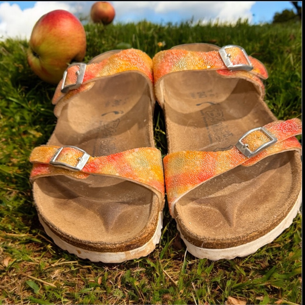 Birkenstock Sandals in Orange and Yellow rainbow beaded sequin slipper L 6 & M 4